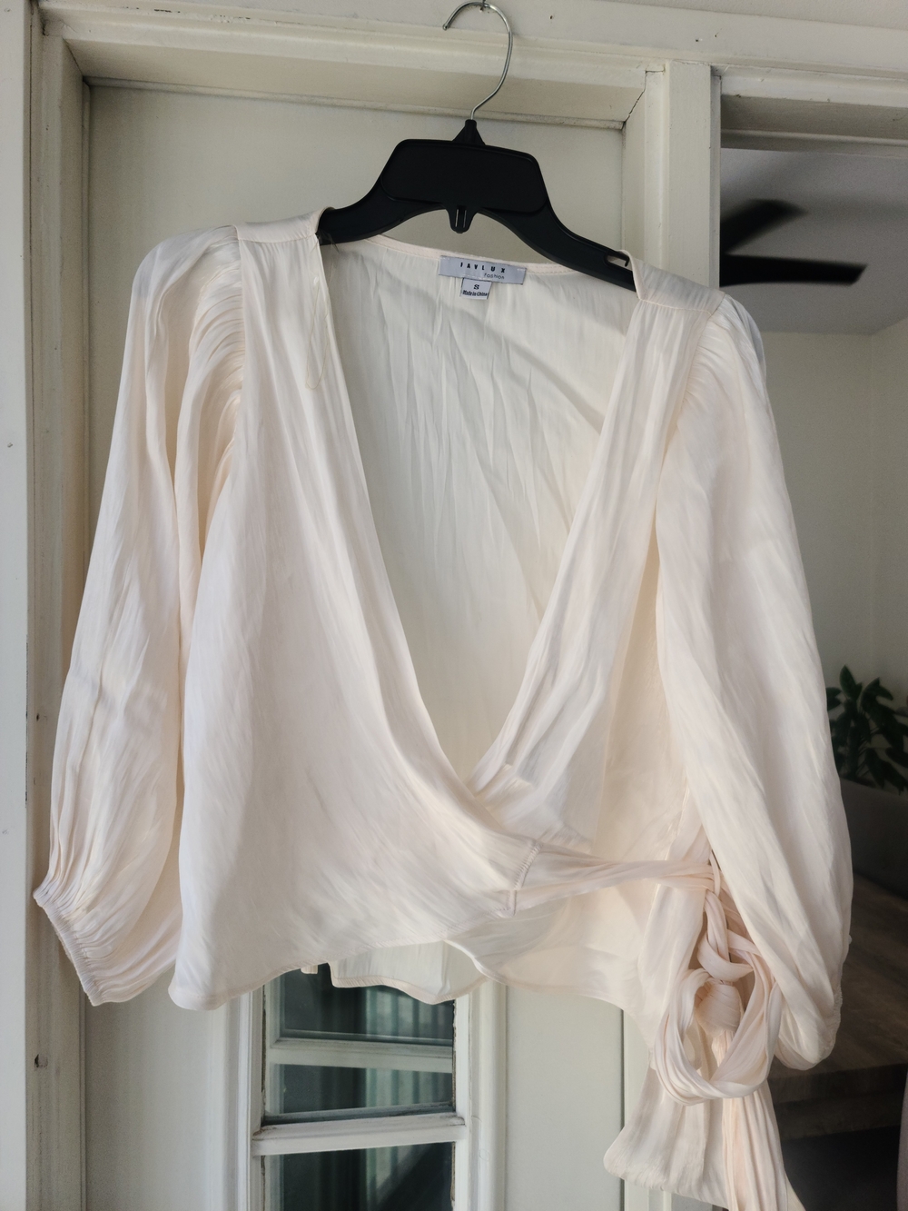 FAVLUX Cream Wrap Blouse with Billowy Sleeves